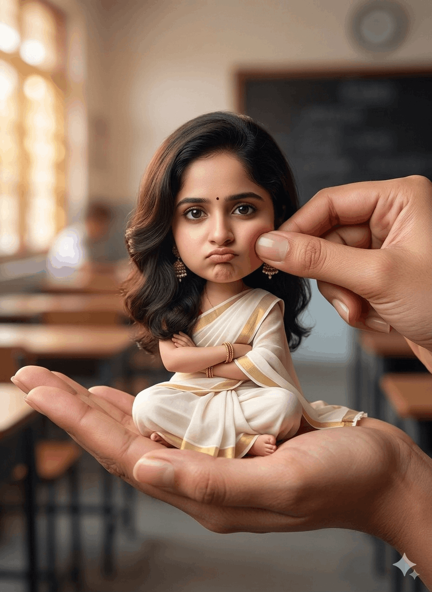 Tiny Big-Head Girl in Hand – Cute Angry Chibi Miniature Portrait
