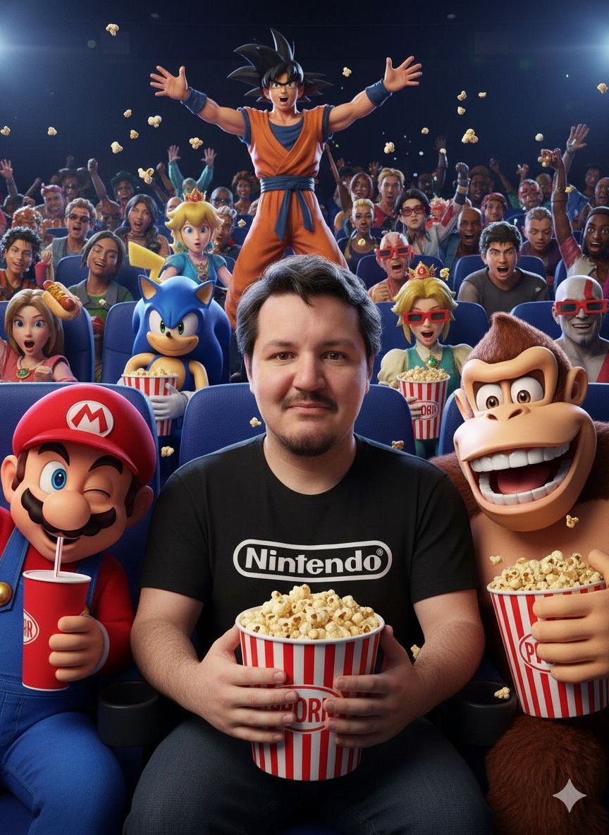 Cinematic Gaming Multiverse Movie Theater Scene with Custom Face Swap
