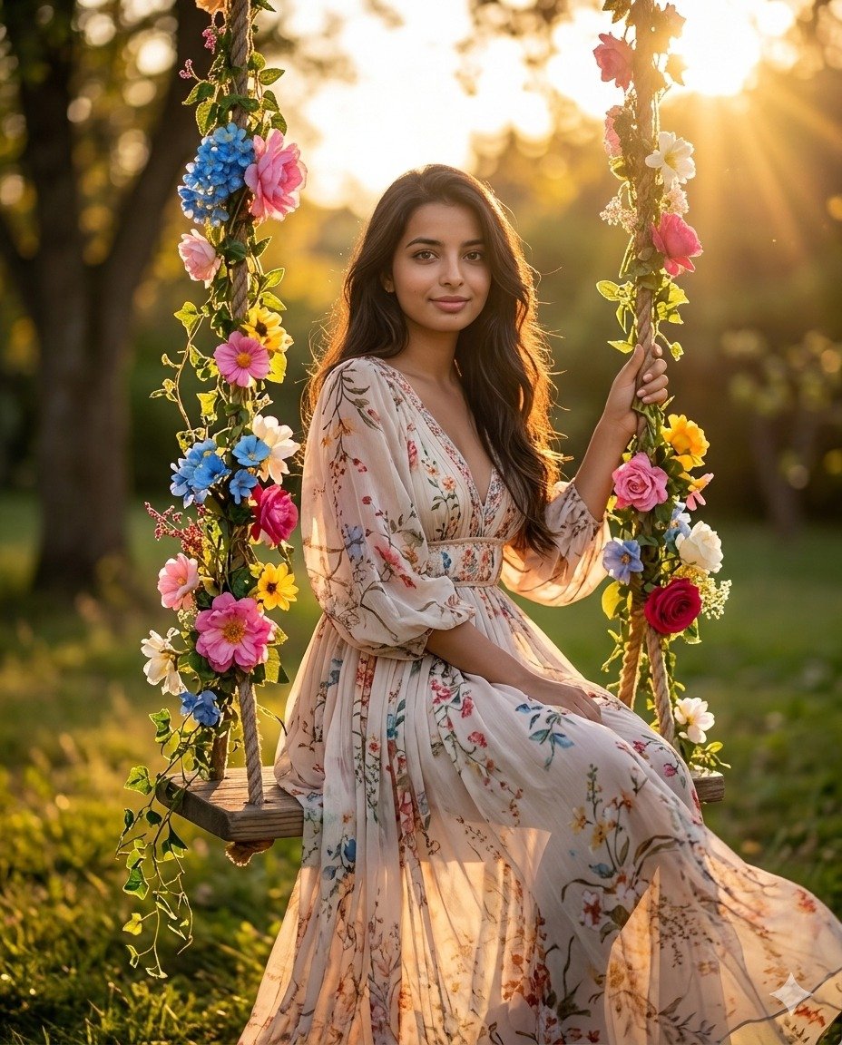 Dreamy Floral Swing Garden Sunset Portrait