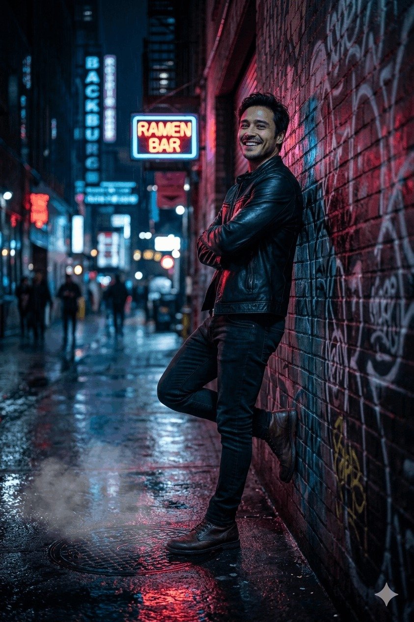 Cinematic Neon Noir Cyberpunk Street Portrait