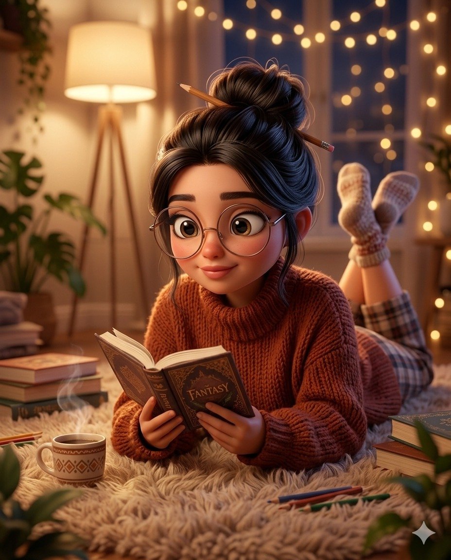 Adorable Cozy 3D Cartoon Reading Portrait