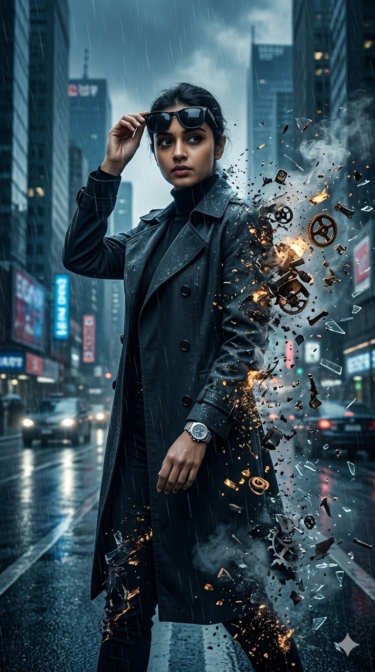 Futuristic Rain City Portrait with Particle Disintegration Effect