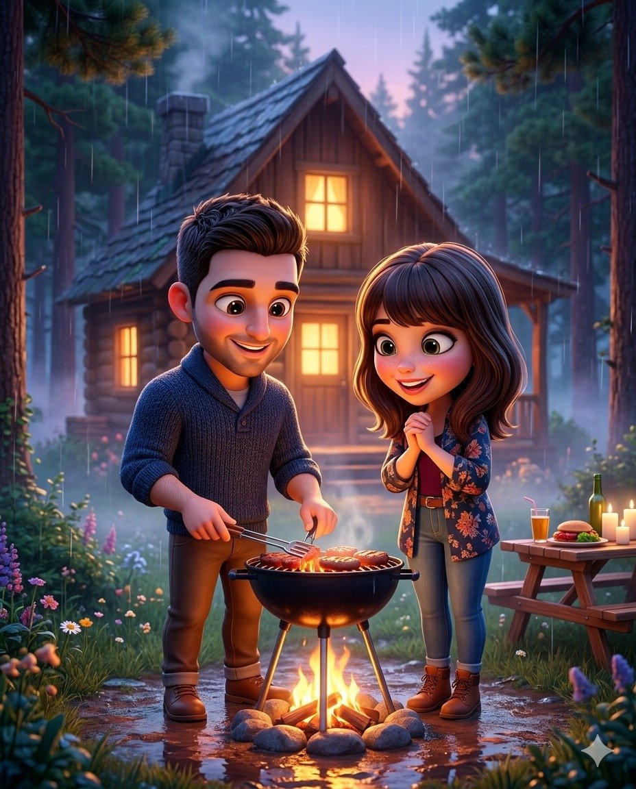 Adorable 3D Cartoon Couple Cabin Scene in Rainy Forest