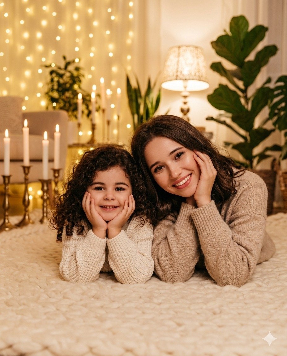 Cozy Family Indoor Portrait with Warm Lighting Aesthetic