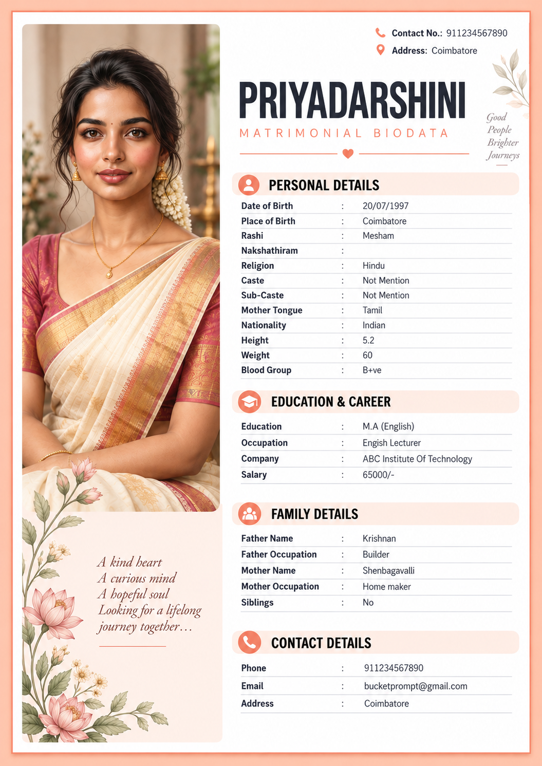Premium Modern Matrimonial Biodata – Elegant Peach Editorial Profile