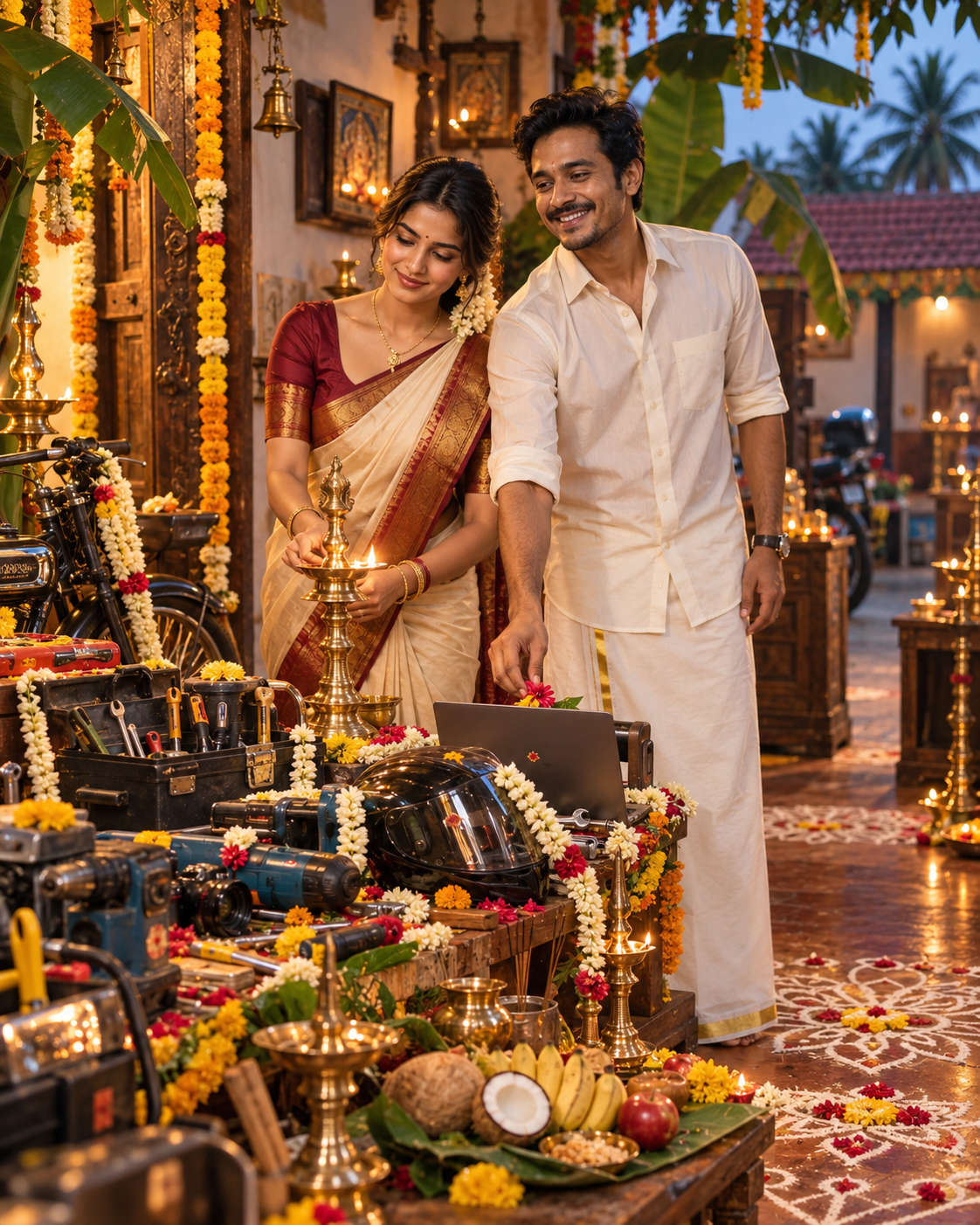 Authentic Tamil Ayudha Pooja Celebration – Realistic Couple Photography Prompt