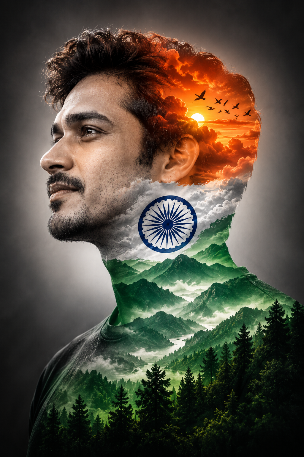 Patriotic Indian Man Double Exposure Portrait – Tricolor India
