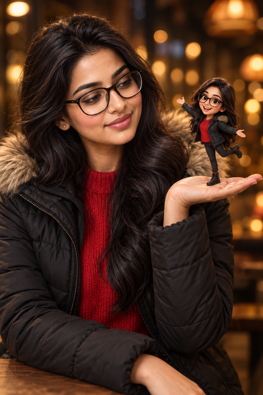 Whimsical Miniature Self Portrait – Woman Holding a Tiny 3D Version of Herself