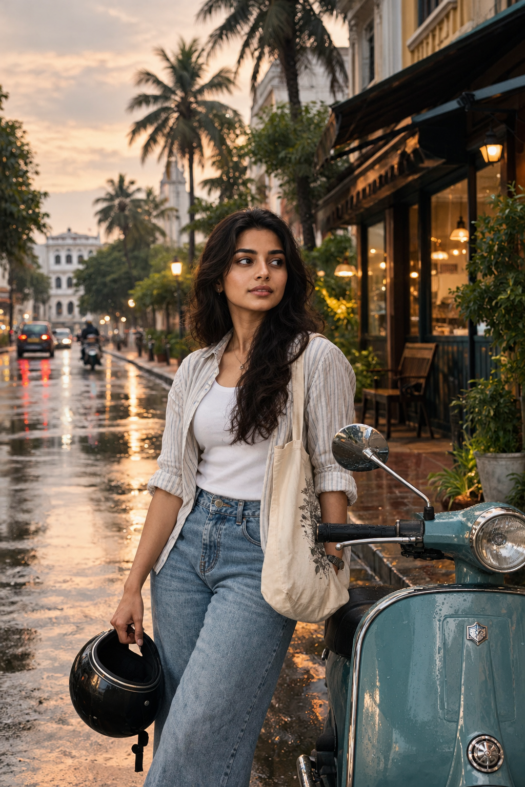Young South Indian Woman with Vintage Scooter in Rainy Chennai
