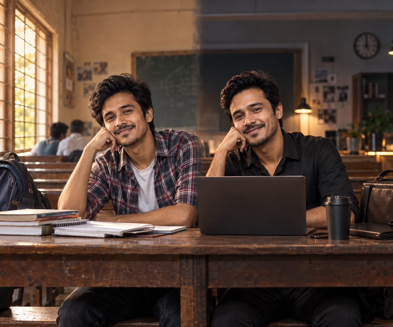 From College Days to Career: Same Desk, Two Different Ages