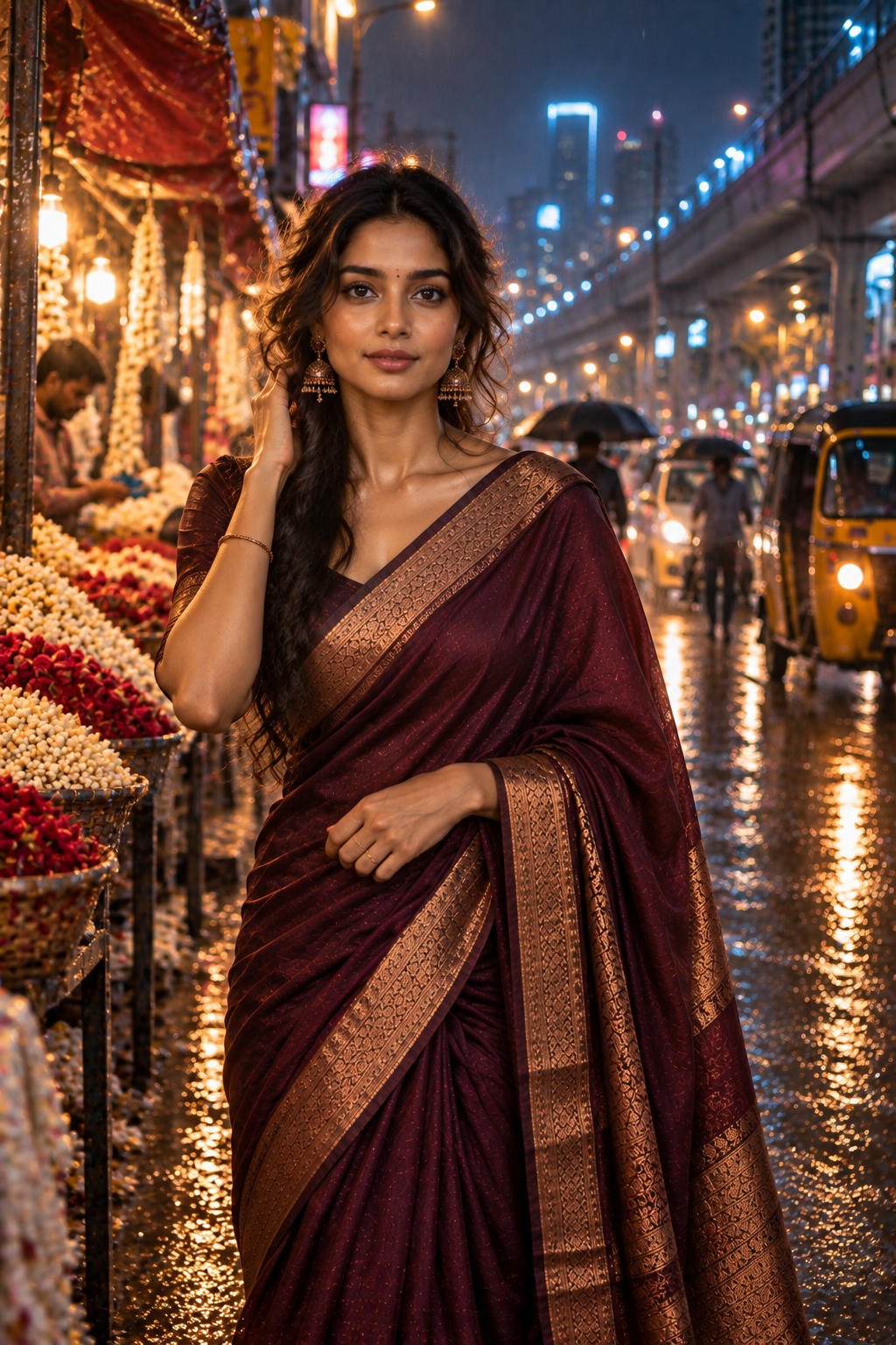 South Indian Woman in a Jewel-Toned Saree | Futuristic Chennai Night Market
